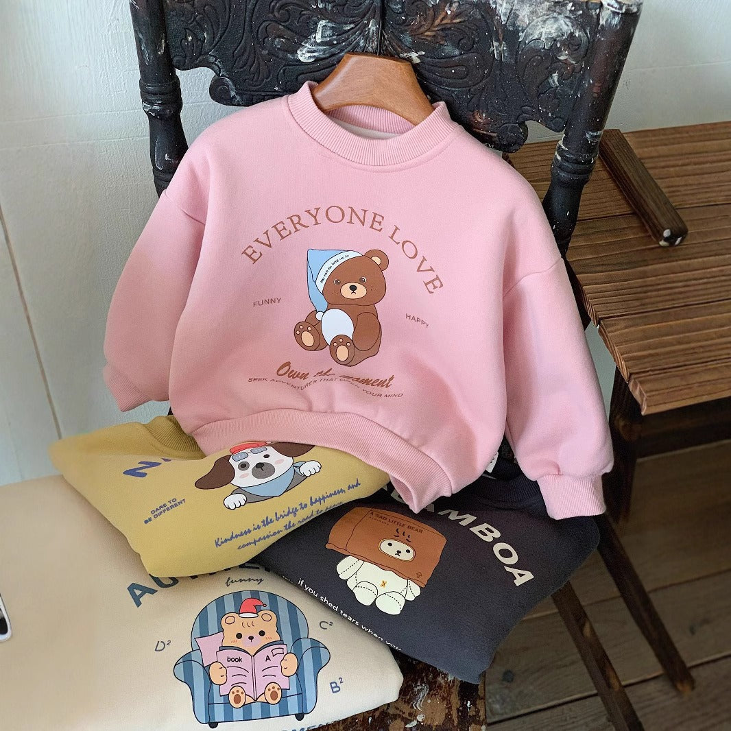 CA25112711兒童加絨衛衣男女童外套卡通印花套頭打底衫加絨加厚上衣潮一體絨