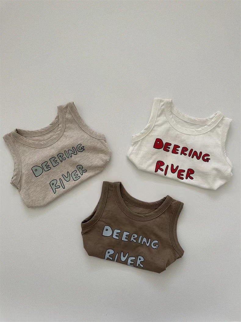 GB23080315韓版ins童裝小童兒童無袖+短褲英文字母清涼套裝簡約百搭休閒風