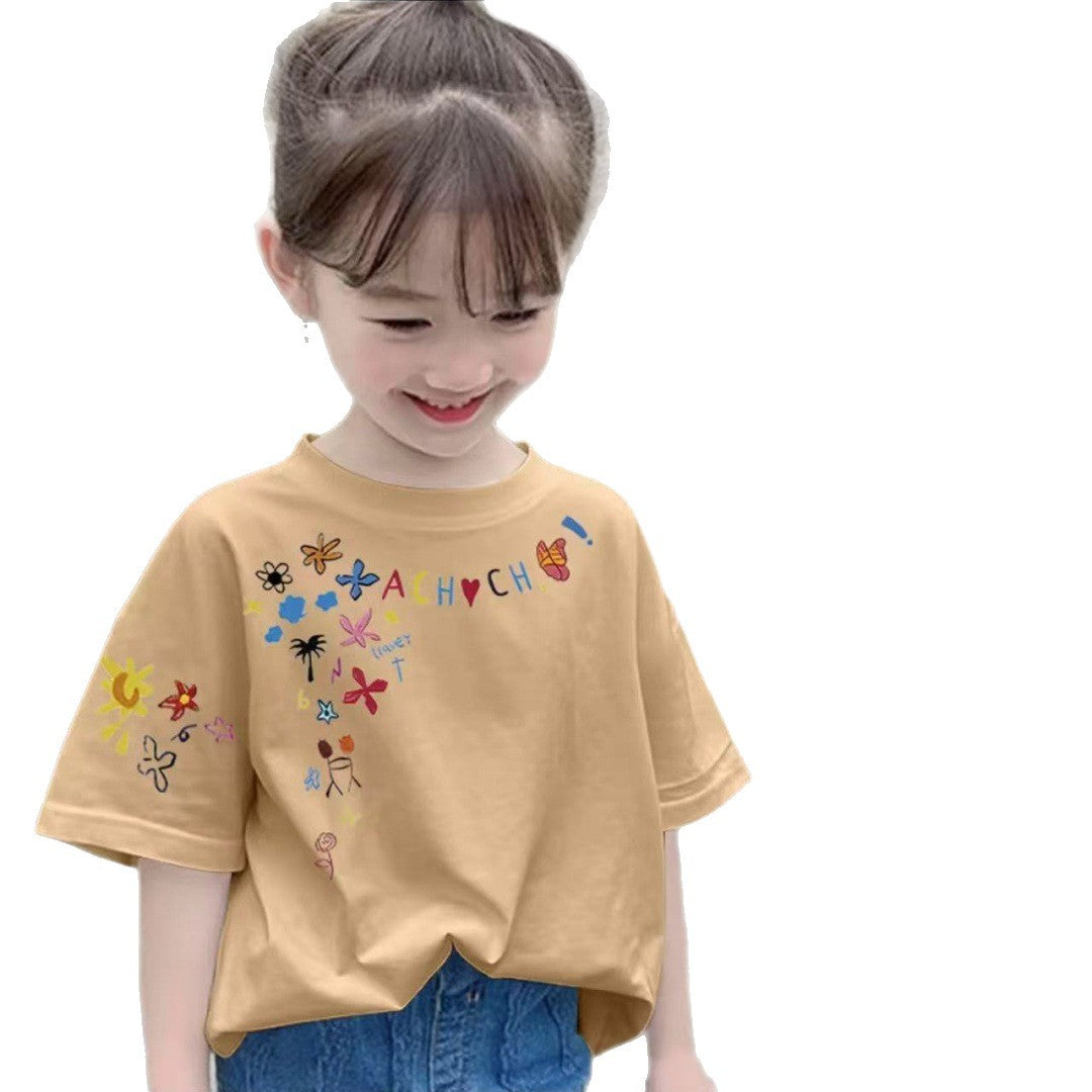 CE26022607女童純棉短袖夏季時尚兒童印花印花寬鬆百搭上衣中大童T卹半袖