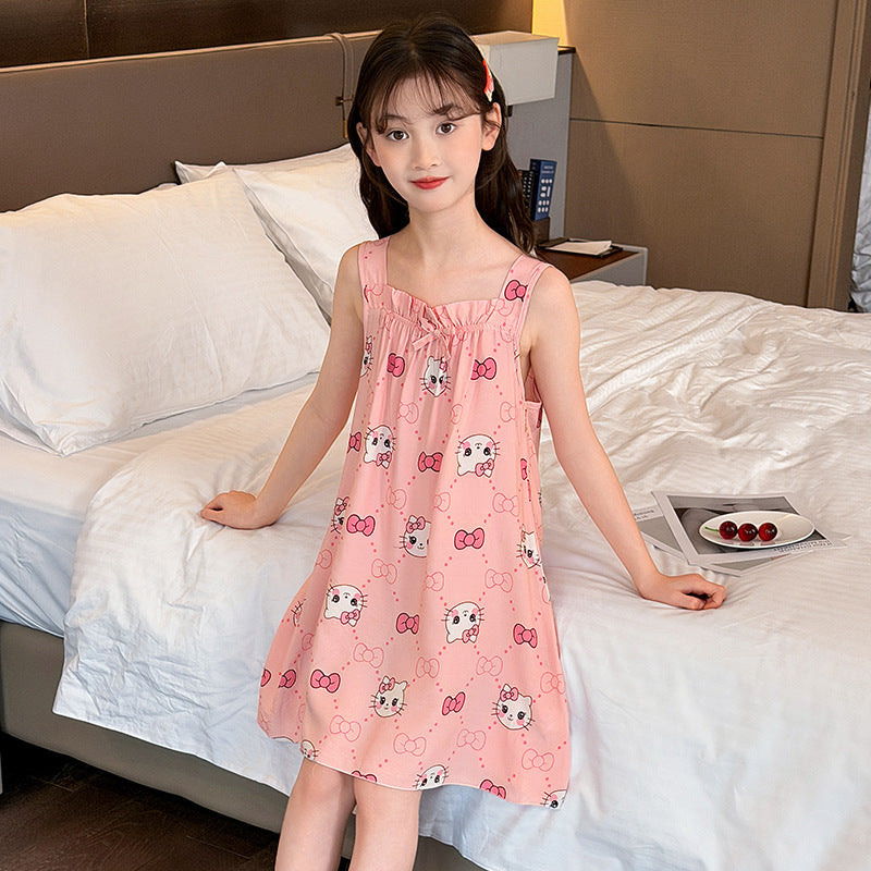 CK26050503女童睡裙棉綢夏季薄款兒童冰絲吊帶睡衣女童夏裝公主裙大童家居裙(9-12天到貨)