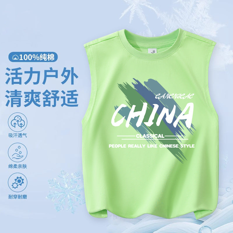 FN26052912男童純棉背心2026圓領套頭衫卡通印花夏季寬鬆兒童無袖上衣