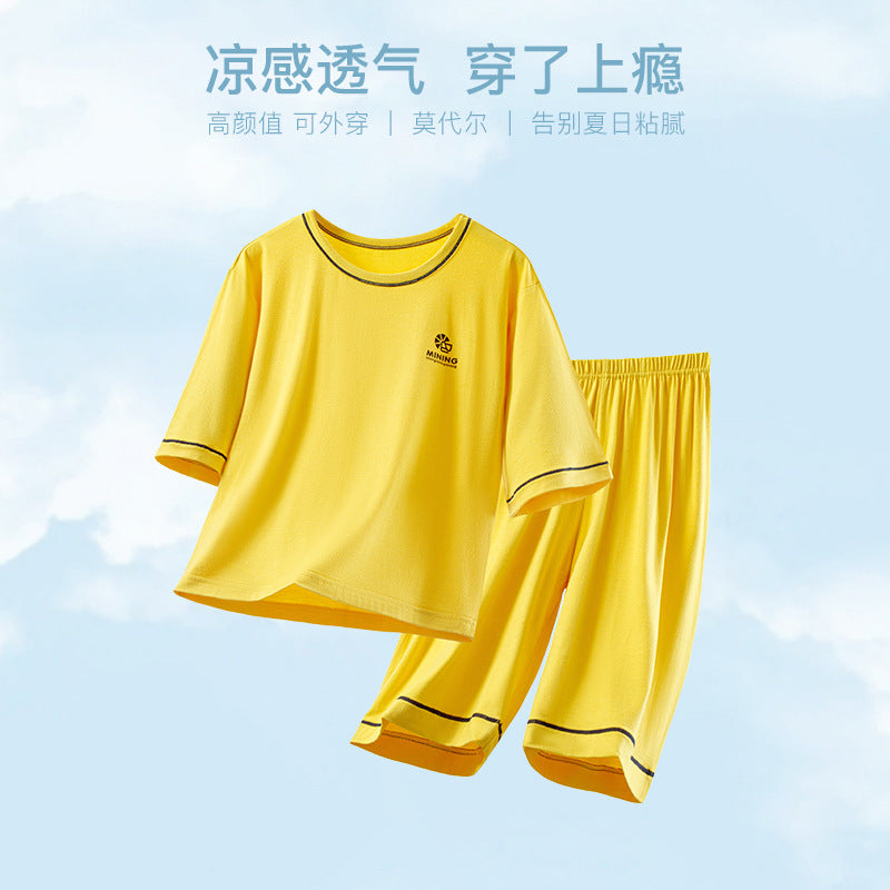 CK26050509兒童睡衣夏季男孩莫代爾五分袖套組大童冰絲空調服女童寶寶家居服(9-12天到貨)
