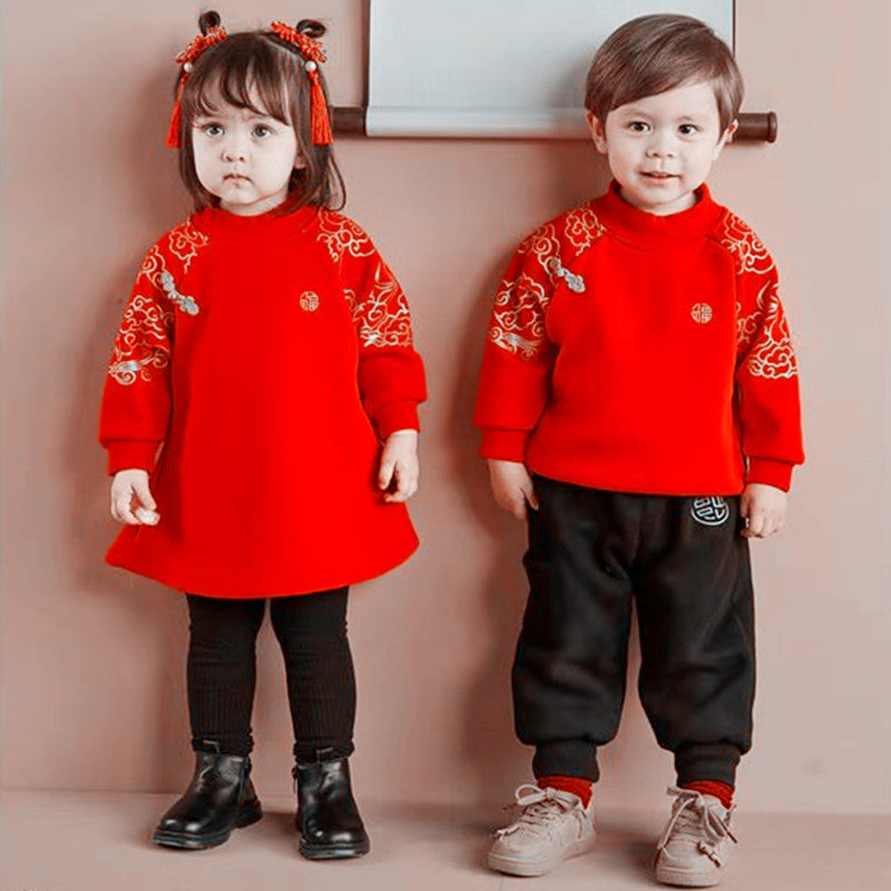 Z25010110寶寶衛衣加絨兒童冬季新年上衣女童紅色喜慶過年服嬰兒加厚上衣潮