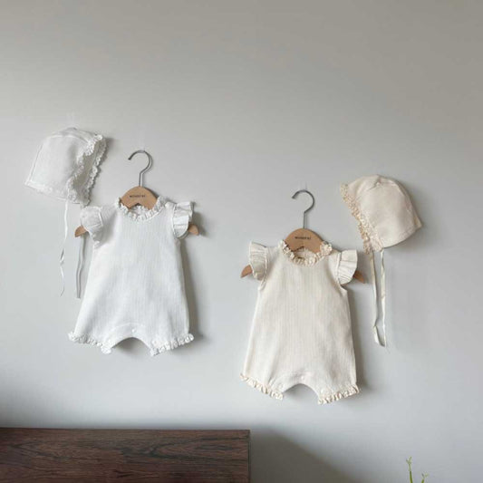 K23062915夏季韓版兒童哈衣ins款嬰兒連體衣華夫格花邊爬服套裝嬰兒衣服     (2件起批,可混K開頭的)