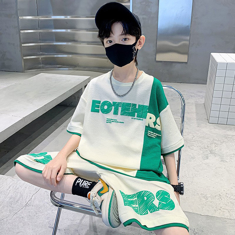 FM26042214男童夏裝短袖套裝2026新款洋氣中大童男孩夏季洋氣華夫格裁剪童裝