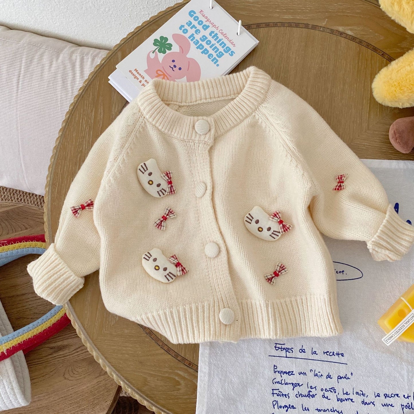 G25092512嬰兒女孩童裝可愛針織毛衣卡通貓咪洋氣單排扣秋冬季開襟外套