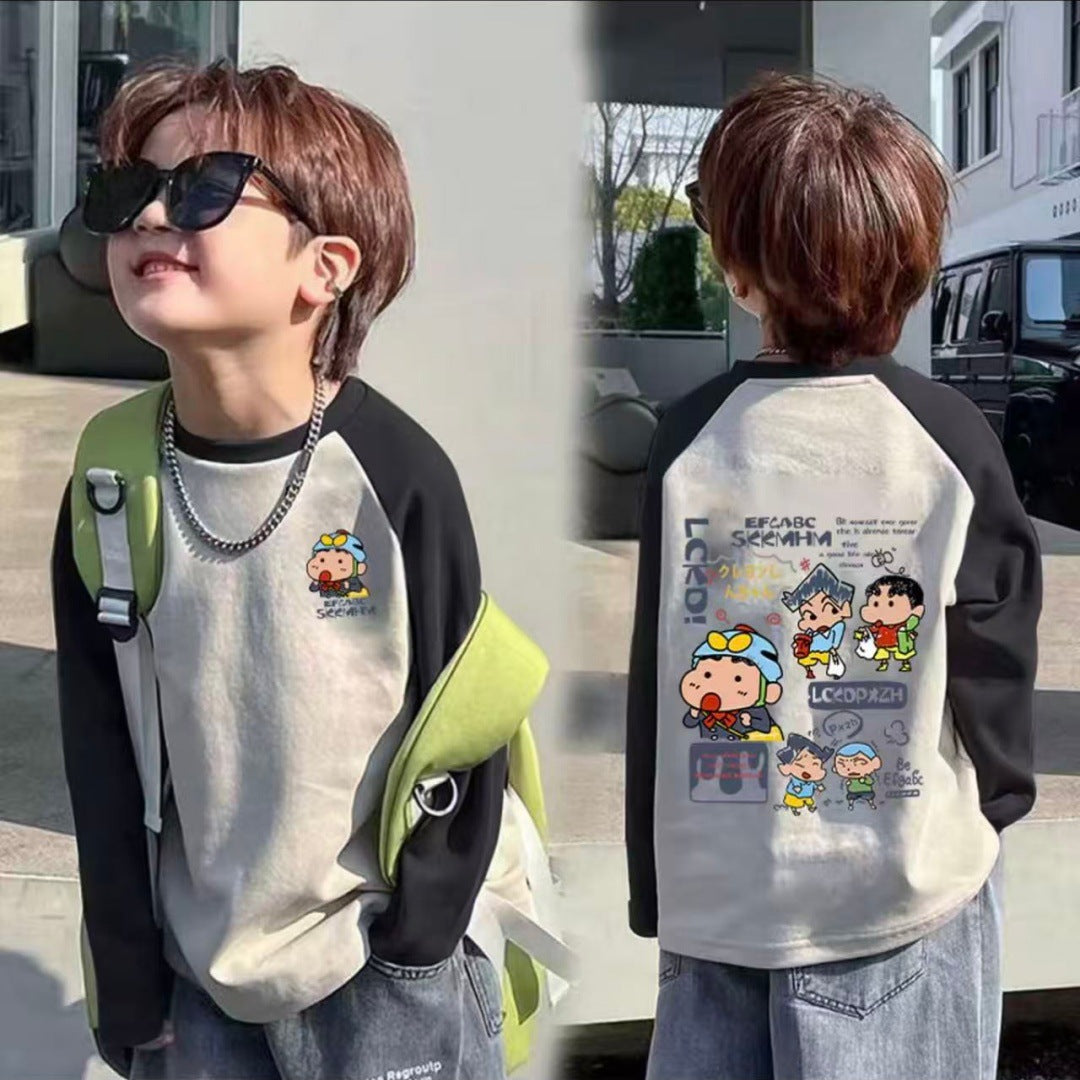 CE26090506 100%純棉男童插肩袖長袖T2026春秋時尚中大童剪裁撞色圓領打底衫