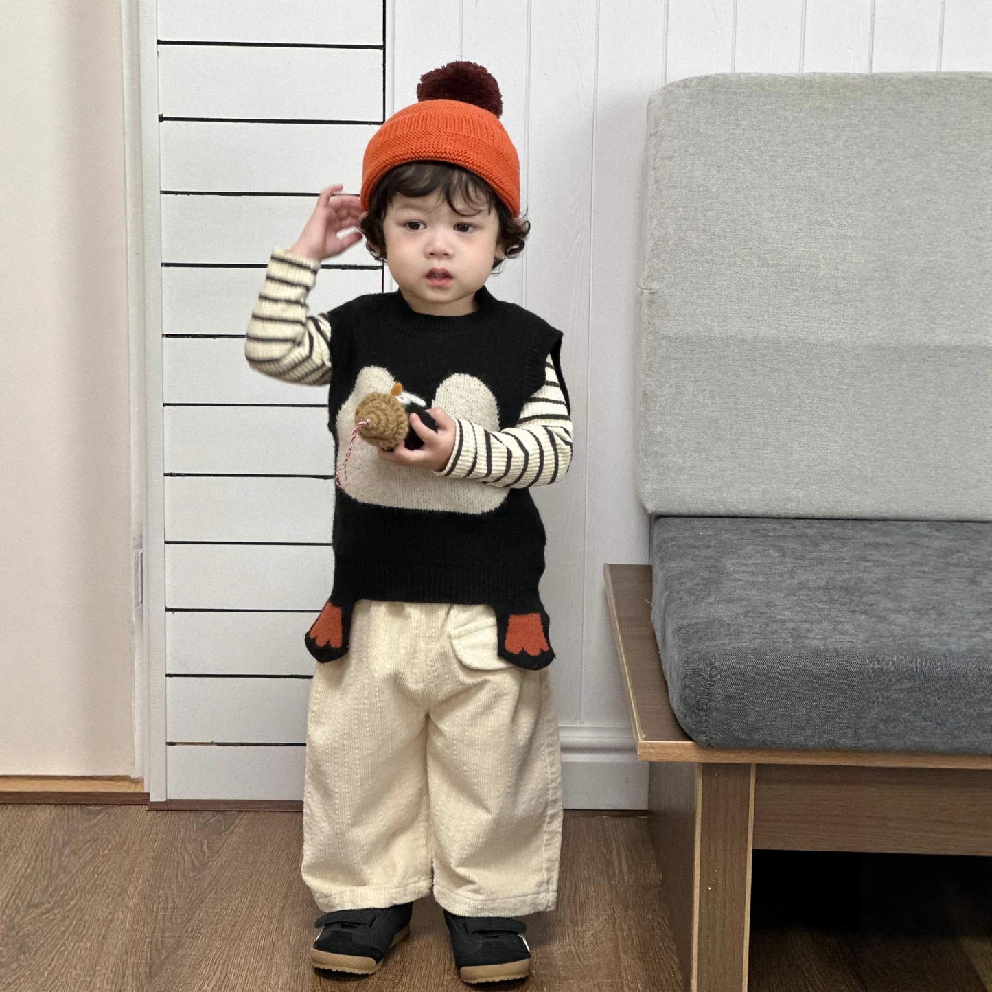 GN26012718寶寶企鵝針織背心2026春夏新款兒童服飾春裝韓版童裝男童條紋套裝