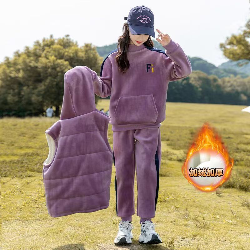 FG25112010女童加絨衛衣套裝秋冬裝時尚洋氣大童兒童冬季加厚三件式運動套