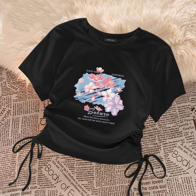CE26022610全新中式女童純色短上衣夏季兒童洋氣薄半袖中大童抽繩設計短袖