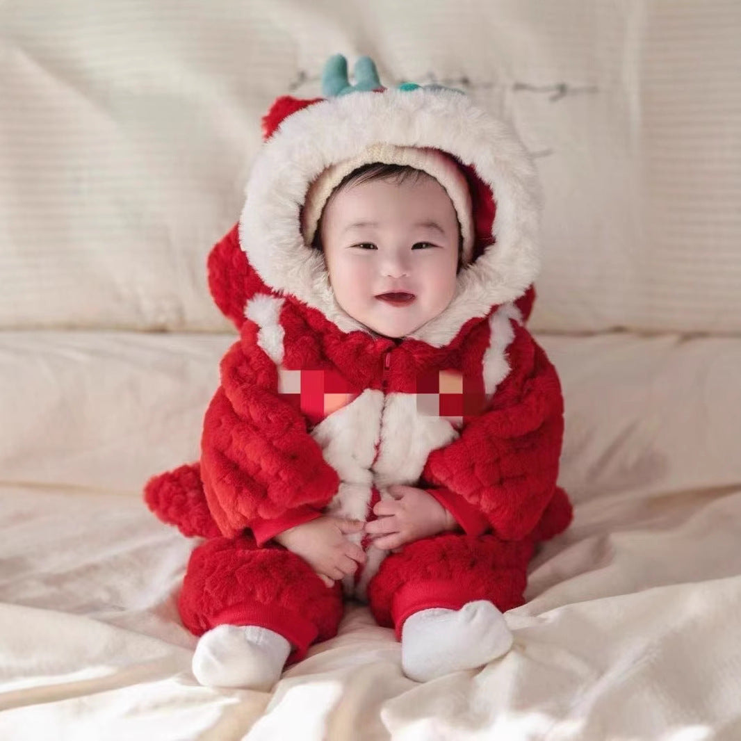 GM26010101寶寶冬季連身衣加絨加厚毛衣寶寶超喜紅色慶新年外穿爬爬服