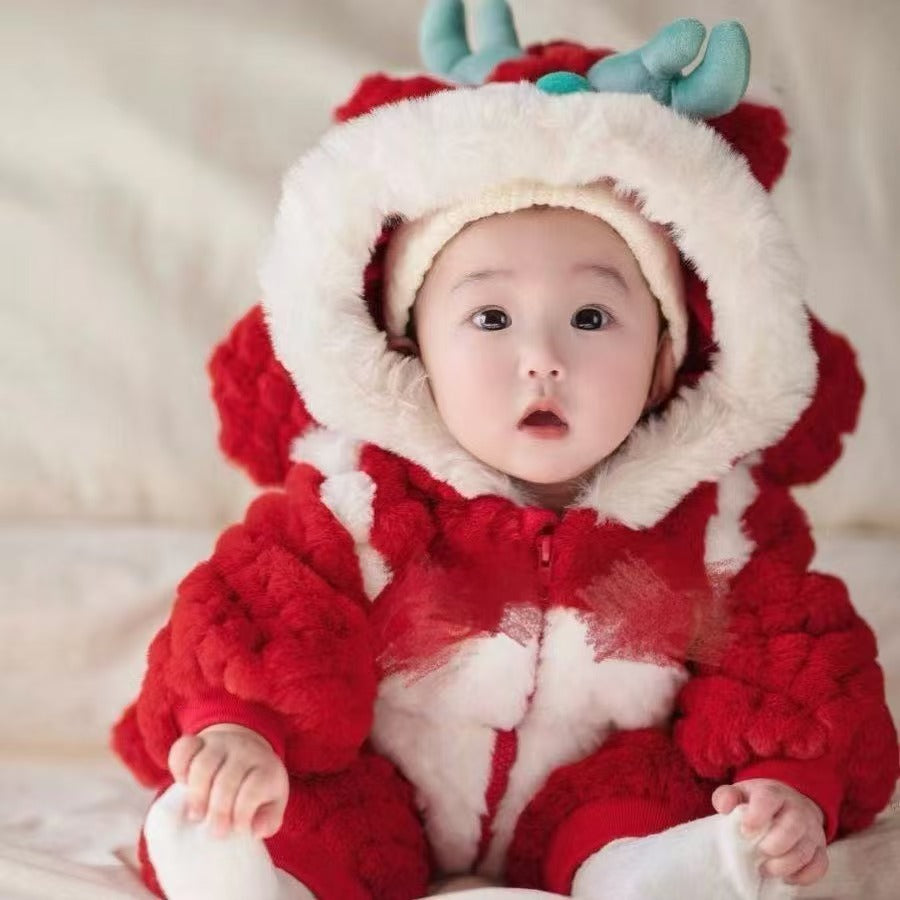 GM26010101寶寶冬季連身衣加絨加厚毛衣寶寶超喜紅色慶新年外穿爬爬服