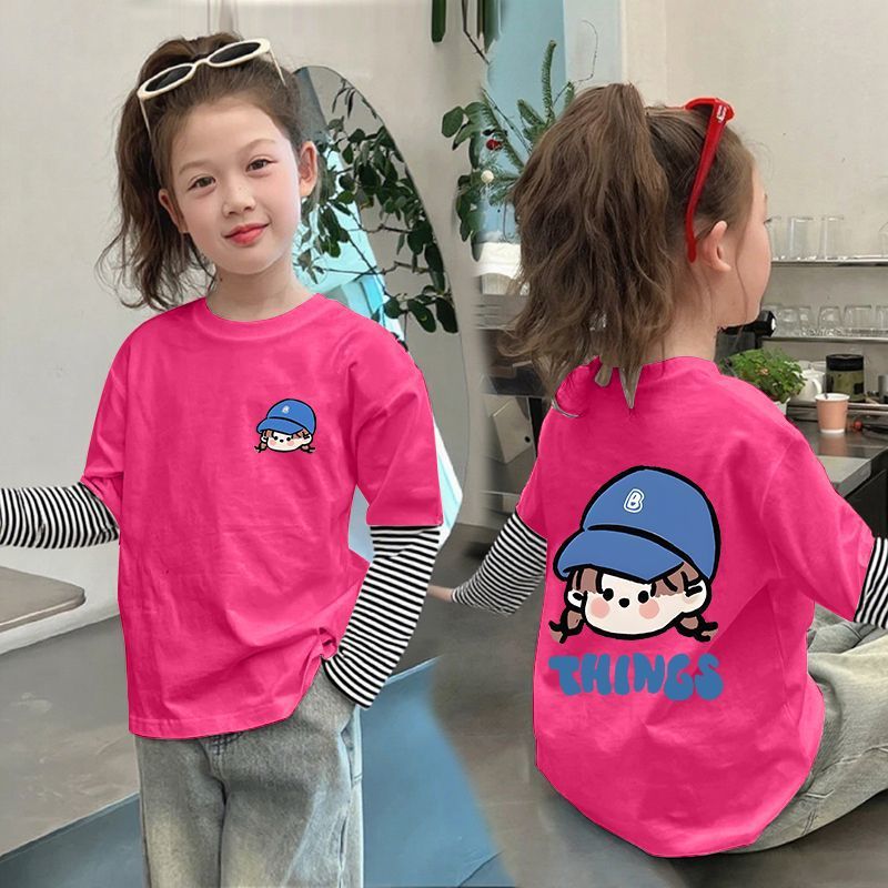 CE25091902女童純棉長袖T恤兒童假兩件條紋上衣春秋裝新款小孩洋氣打底衫