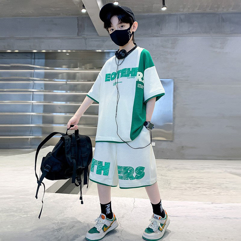 FM26042214男童夏裝短袖套裝2026新款洋氣中大童男孩夏季洋氣華夫格裁剪童裝