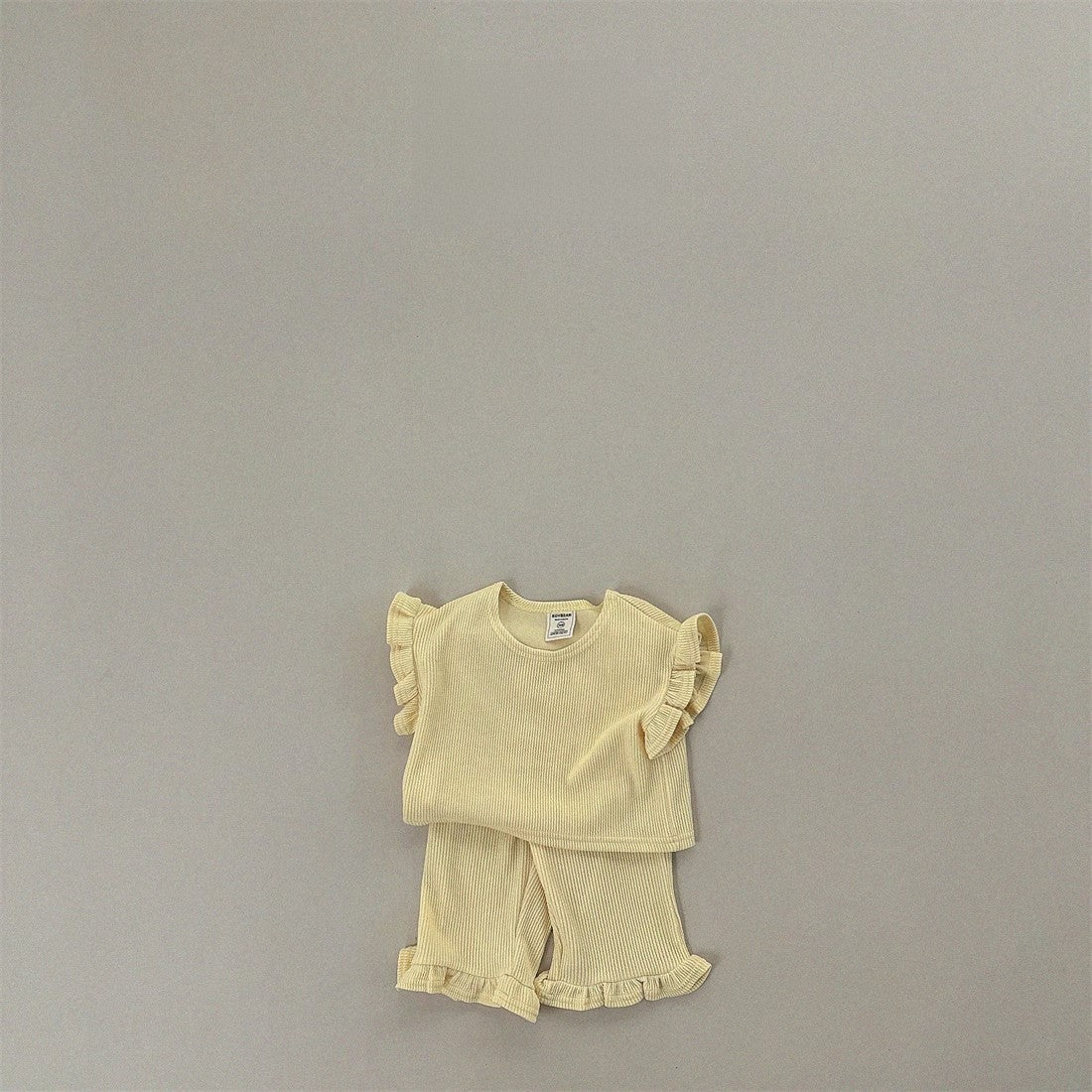 GF26043003 ins韓版女童純棉坑條飛袖上衣蕾絲喇叭褲家居戶外兩件套裝