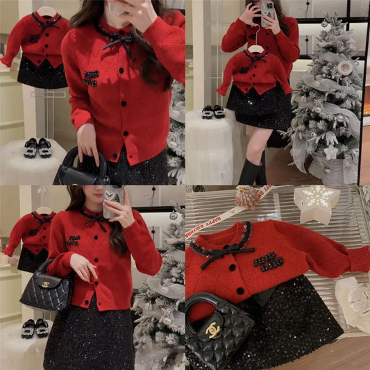 L26010604過年親子裝一家三口四口冬裝全家款母女紅色蝴蝶結訂珠毛衣拜年服