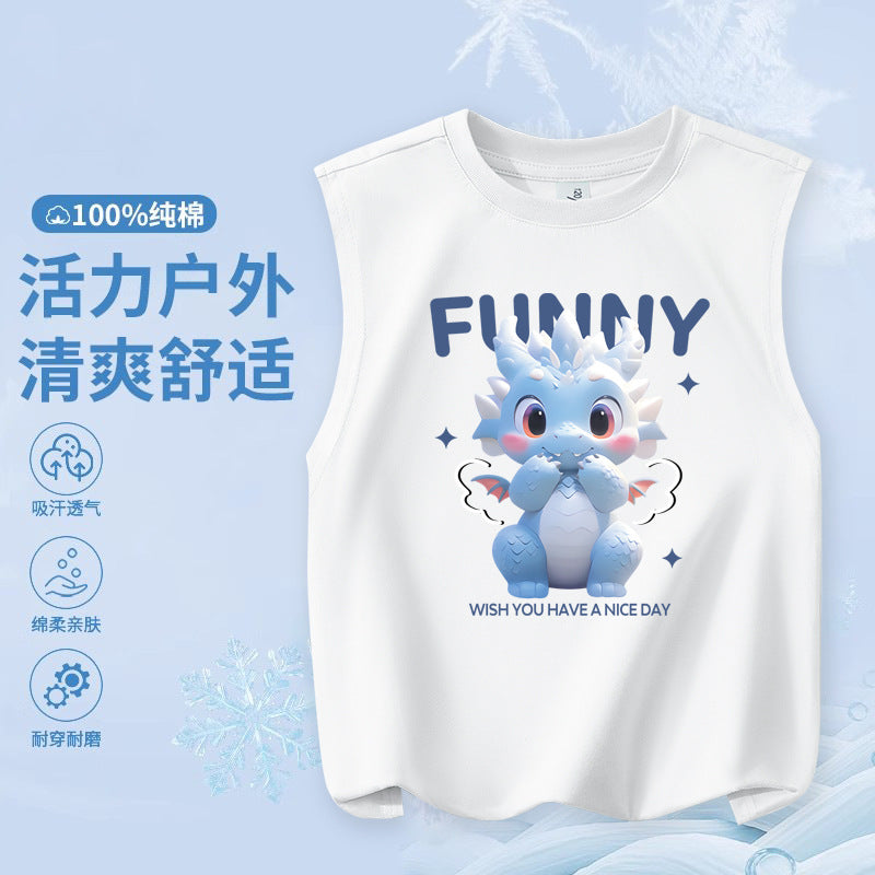 FN26052912男童純棉背心2026圓領套頭衫卡通印花夏季寬鬆兒童無袖上衣