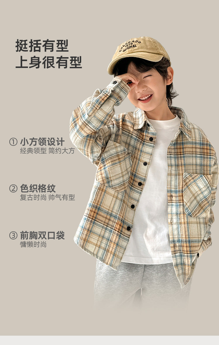 GJ25082711男童長袖襯衫秋季裝2025新款兒童純棉格紋襯衫女童上衣童裝