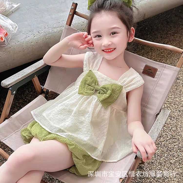 A25072307女童夏季背心套裝女孩韓版休閒可愛淑女裝夏裝新款薄款兩件套