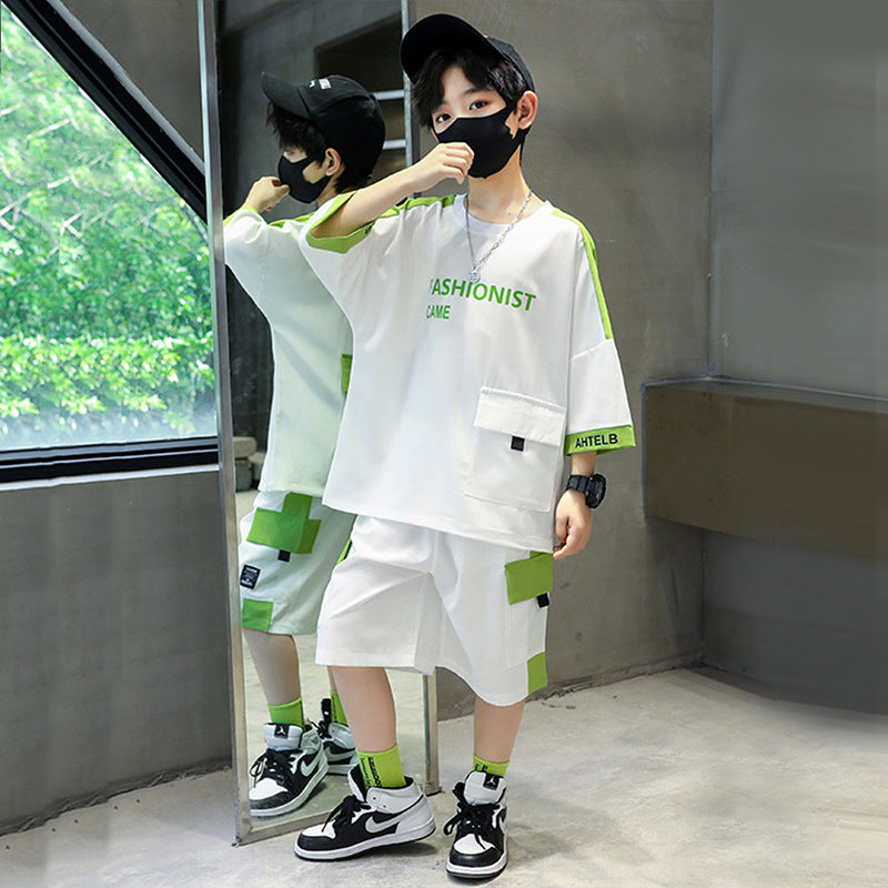 FM26042221兒童裝男童夏裝套裝2026新款中大童男孩夏季薄款運動衣服潮牌短袖