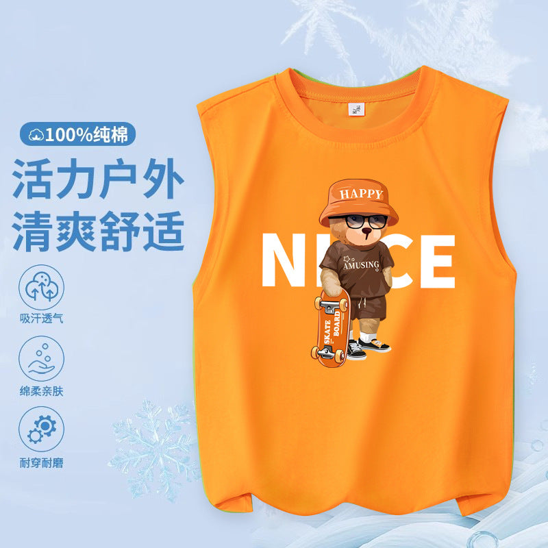 FN26052912男童純棉背心2026圓領套頭衫卡通印花夏季寬鬆兒童無袖上衣