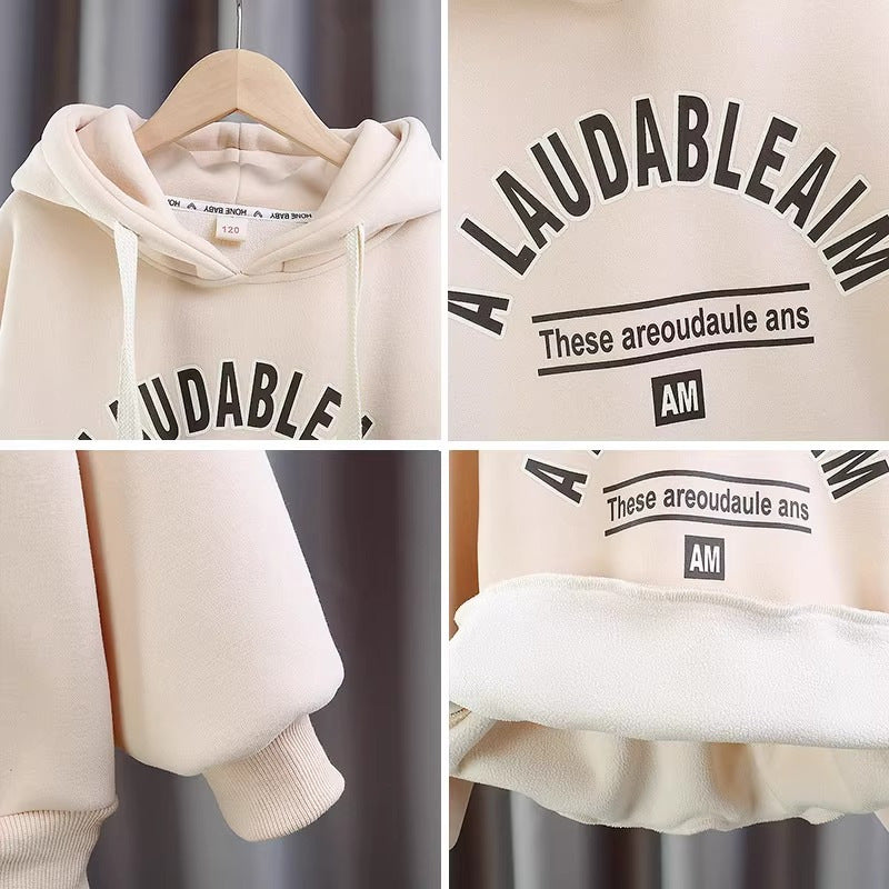 Z25010132衛衣秋冬新款2024女童加絨連帽中大童女孩保暖一體絨時尚裙上衣