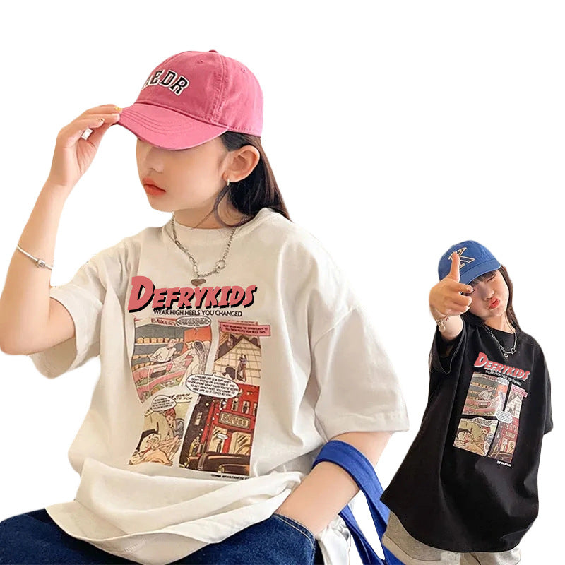 Z25030426女童短袖純棉洋氣兒童t恤女童夏季寬鬆前後印花短袖上衣童裝潮