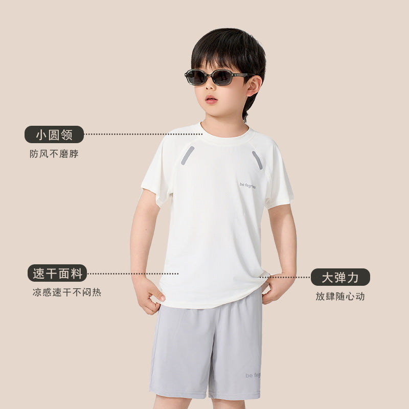 CK26050507男童速乾短袖短褲套裝夏季女童冰絲網眼T卹兒童運動兩件套中大童(9-12天到貨)