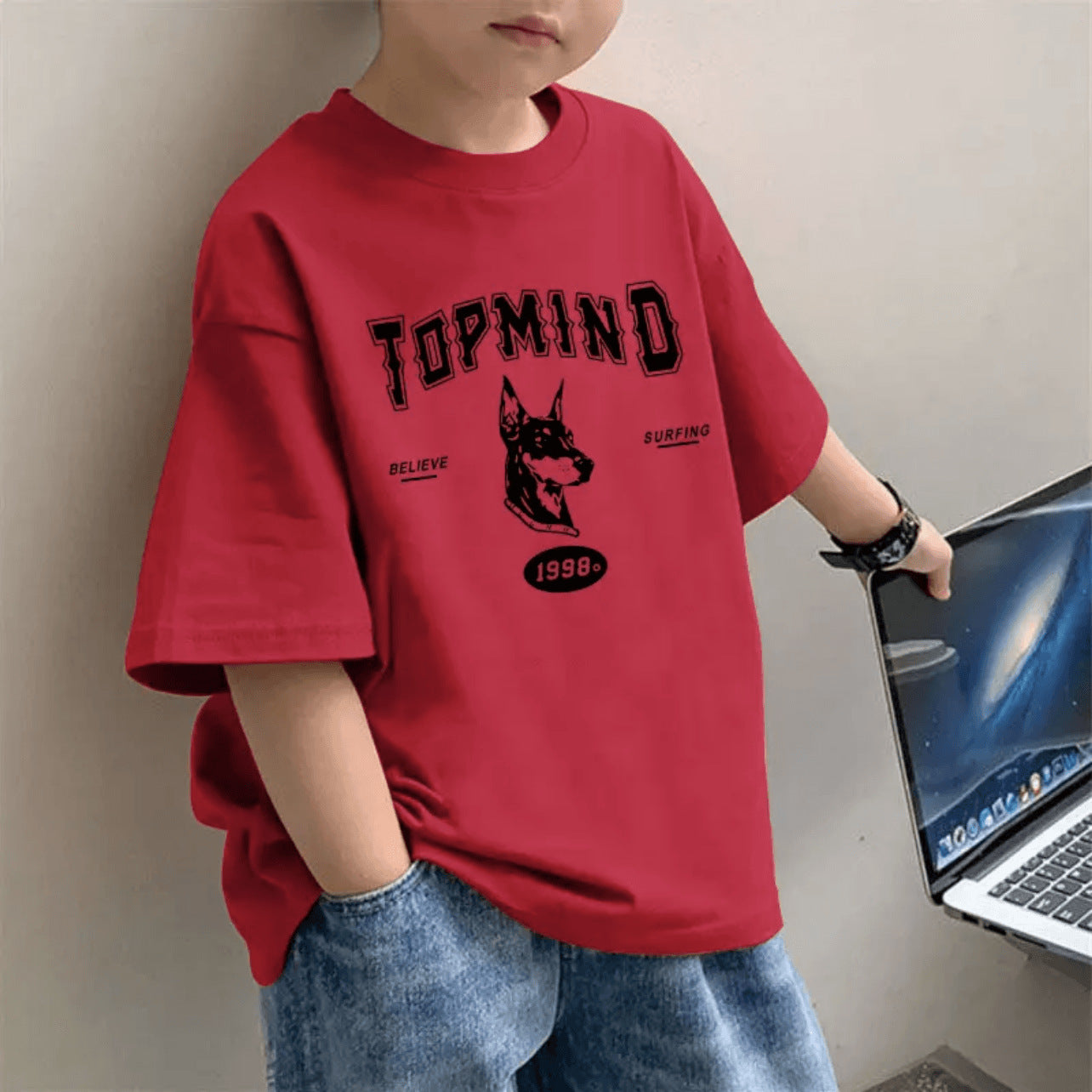 CE26022613兒童洋氣短袖T恤打底衫夏季時尚韓版男童純棉紅色半袖百搭中大童