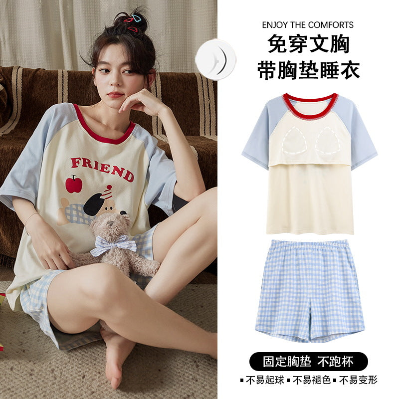 Z25040107自備胸墊睡衣女夏季純棉短袖簡約條紋可外穿學生家居服套裝