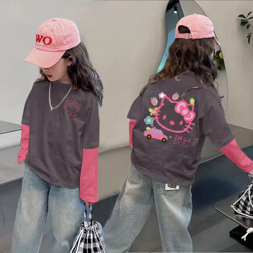 CE25091904純棉女孩拼色可愛長袖T恤秋季網紅潮流卡通動漫燈光打底上衣