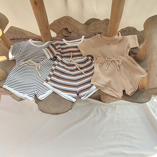 GB23080343 韓版夏款嬰幼童條紋棉短袖短褲套裝寶寶舒適可愛潮搭兩件套童裝