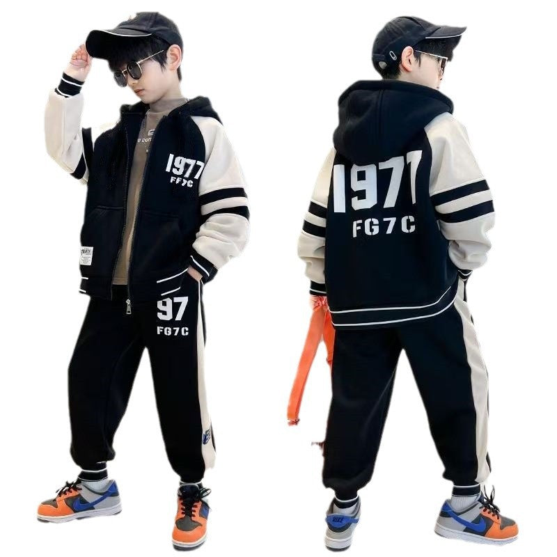 FG25112014男童雙面加絨加厚金絲絨套裝中大兒童拉鍊開襟衫運動休閒冬裝兩件套