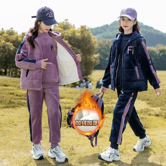 FG25112010女童加絨衛衣套裝秋冬裝時尚洋氣大童兒童冬季加厚三件式運動套