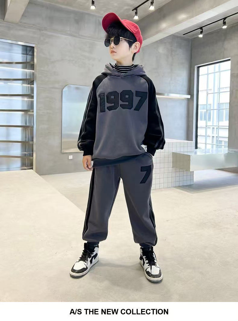 FG25112018秋冬兒童加絨加厚運動套裝中大童時尚潮範連帽衛衣衛褲休閒兩件套