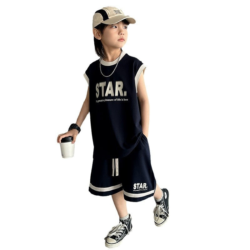 FM26042222男童無袖套裝夏季2026新兒童夏裝背心籃球運動服夏款大童裝男孩