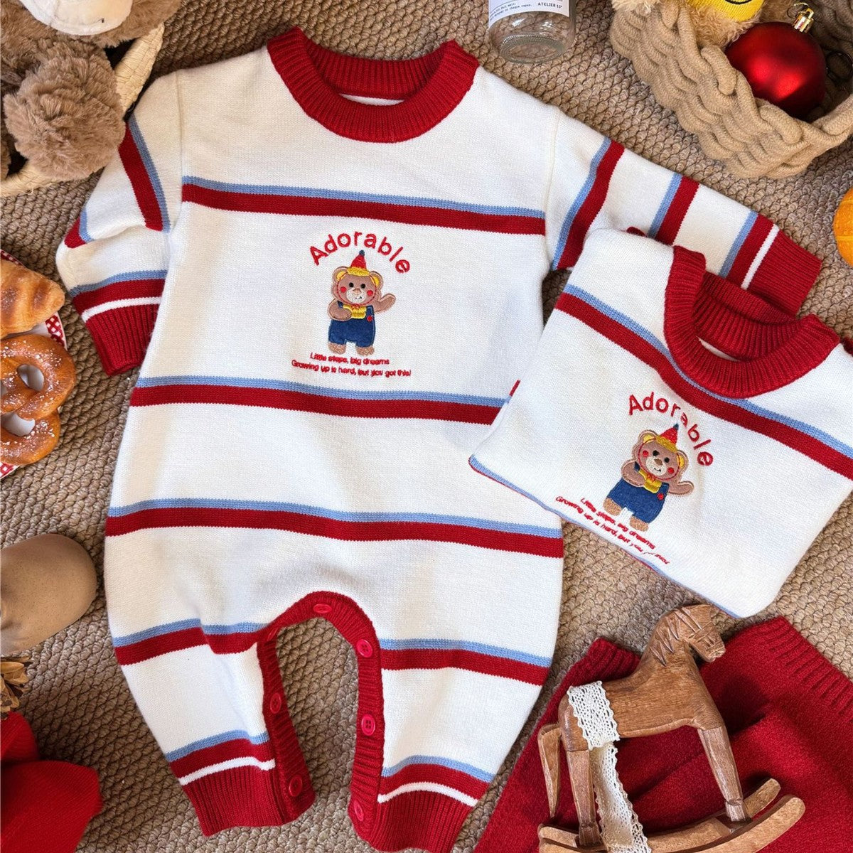 L25120409時尚秋冬親子毛衣一家三口母女寶寶卡通小熊條紋針織衫過年母子