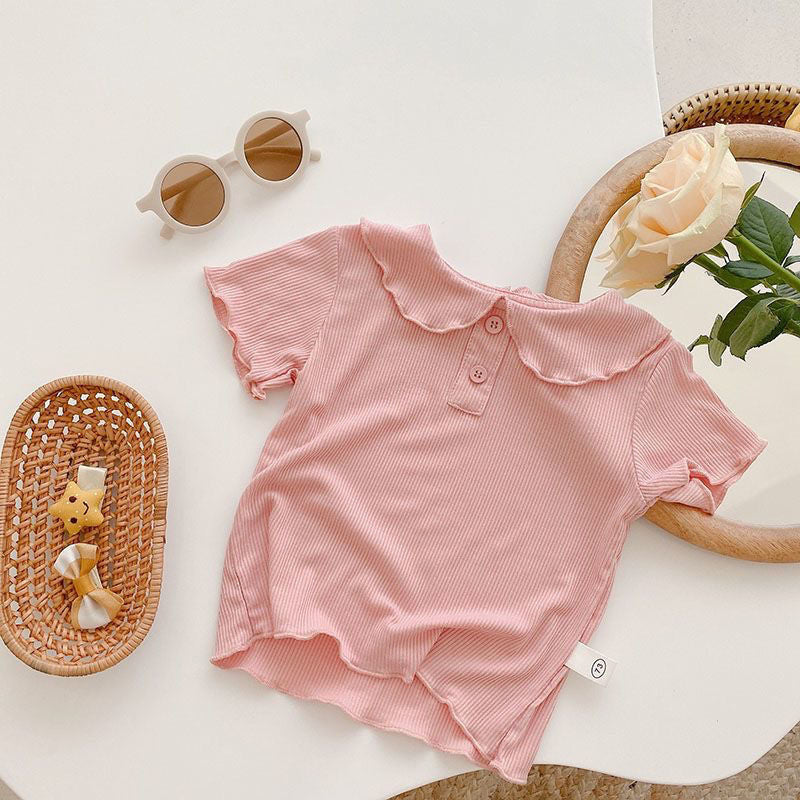 Z25030905女童冰絲短袖T恤夏季薄款女寶寶娃娃領兒童純色百搭上衣打底衫潮