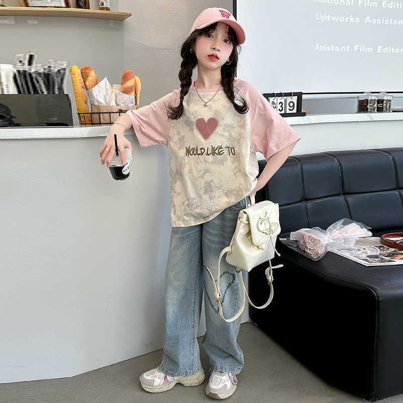FO26062607童短袖T恤棉質夏裝學生印花紮染洋氣女孩中大童半袖上衣夏季潮中大童半袖上衣夏季潮