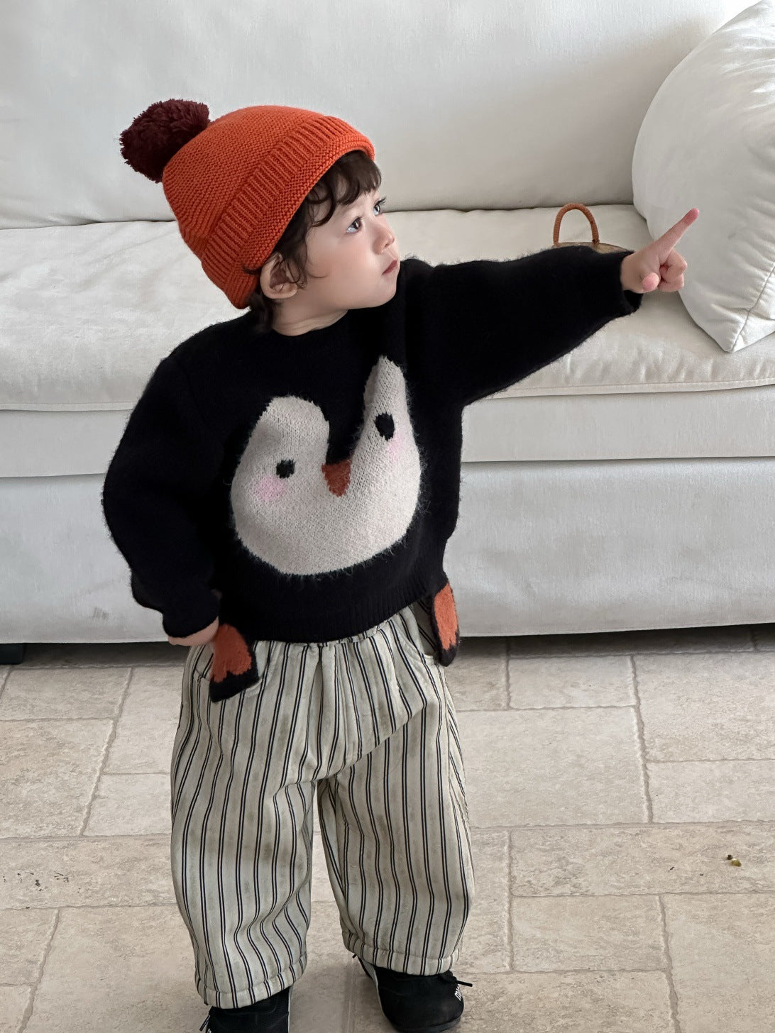 GN26012715兒童服飾秋冬款韓版童裝寶寶企鵝毛衣2025新男童加厚條紋褲套裝