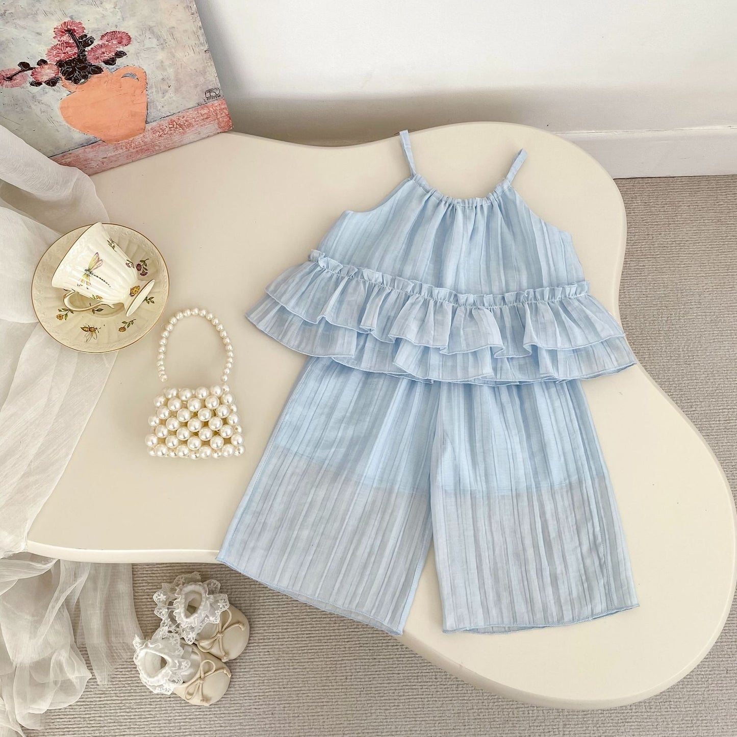 GN26030907夏季女寶寶套裝簡約時尚女小童荷葉邊吊帶上衣闊腿裤两件套(2件起批)GN開頭需下單2款才有出貨,可混搭