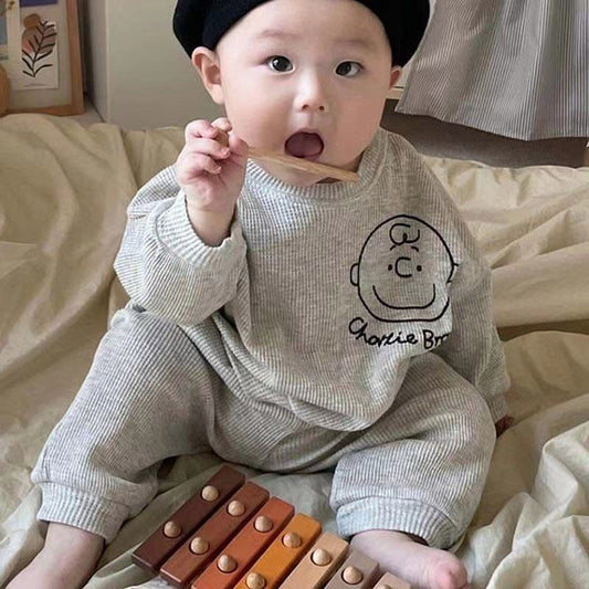 GB24022212韓版ins童裝嬰幼兒寶寶秋季新款塗鴉卡通人頭衛衣褲子組兩件套