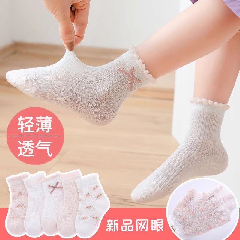 SB26080706秋季薄款薄款網眼襪公主冰絲襪兒童蝴蝶結寶寶粉紅襪子(一組5雙)