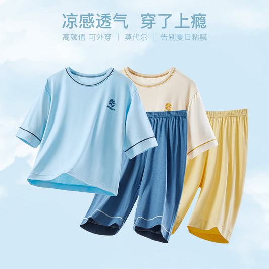 CK26050509兒童睡衣夏季男孩莫代爾五分袖套組大童冰絲空調服女童寶寶家居服(9-12天到貨)