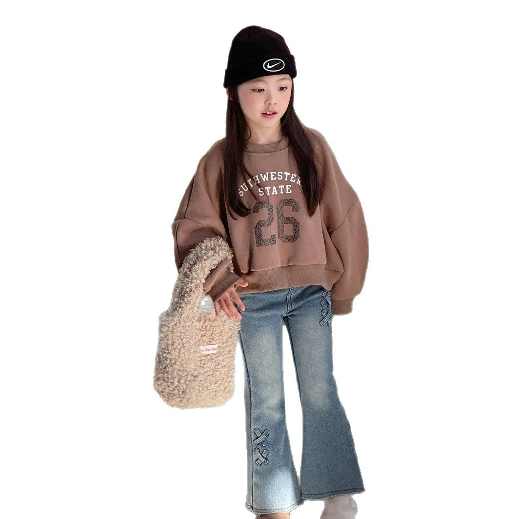 Z26010242瑜珈公主女孩復古美式字母短上衣女寶寶加絨大眾衛衣