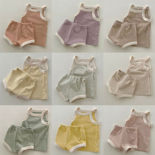 GB24031704韓國版夏季嬰幼兒套裝嬰兒棉吊帶清涼背心上衣包褲兒童舒適家居服