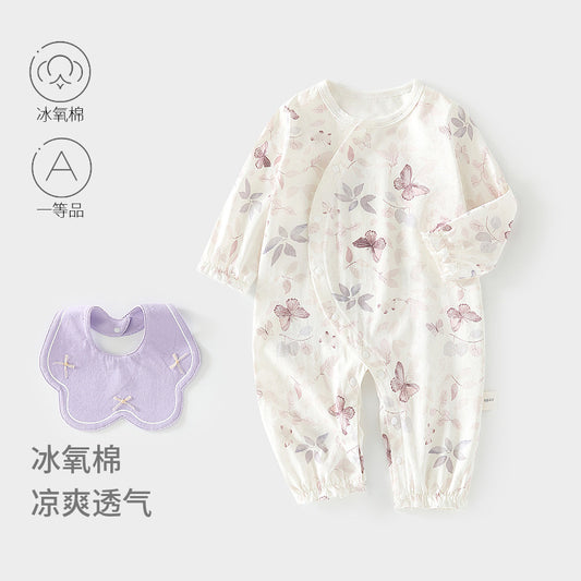 GJ26051413🎈精品質感🎈嬰兒夏款冰氧棉長袖連身衣寶寶薄款爬服嬰幼兒空調服哈衣送圍嘴