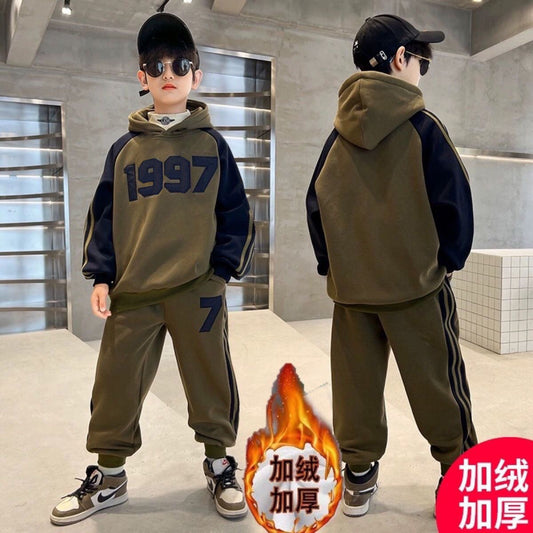 FG25112018秋冬兒童加絨加厚運動套裝中大童時尚潮範連帽衛衣衛褲休閒兩件套