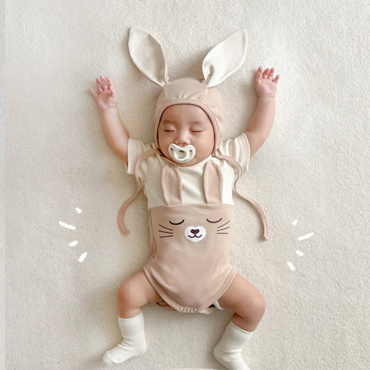 K23062922春夏新款韓版嬰兒連體衣ins款可愛小兔子拼色造型哈衣嬰兒衣服