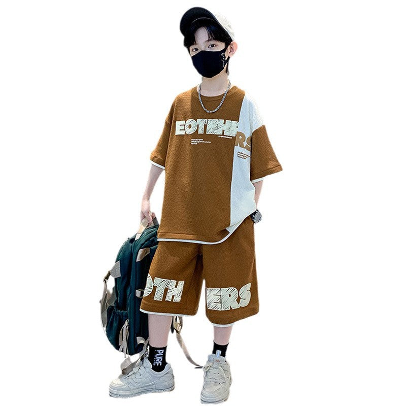 FM26042214男童夏裝短袖套裝2026新款洋氣中大童男孩夏季洋氣華夫格裁剪童裝